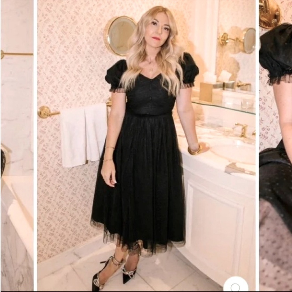 Ivy City Co Gala Black Midi Dress Tulle Puff Sleeve Swiss Polka Dot Size XXS - Picture 3 of 15